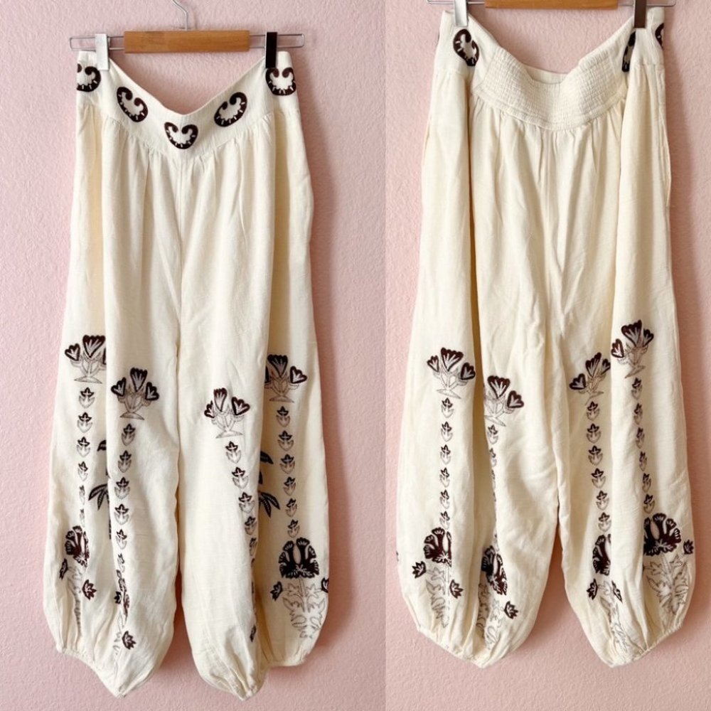 FREE People Kai Embroidered Cropped Top Pants Set Cream Brown Medium New - Picture 6 of 12